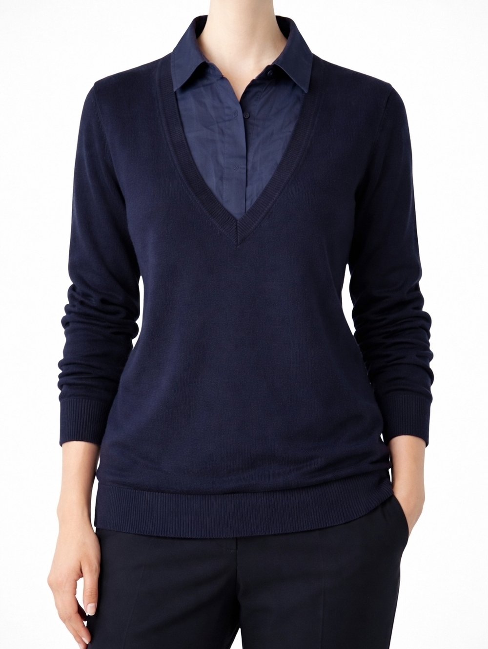 Club Monaco Wool Blend Layered V Neck Sweater Shirt Navy Blue Size M NWT